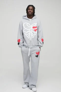 Oversized Heart Skelton Puff Print Flare Zip Through Tracksuit