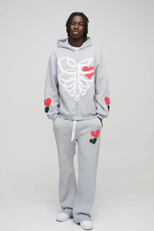 Oversized Heart Skelton Puff Print Flare Zip Through Tracksuit