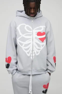 Oversized Heart Skelton Puff Print Flare Zip Through Tracksuit