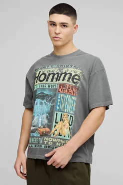 Oversized Homme Magazine Graphic Washed T-Shirt