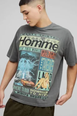 Oversized Homme Magazine Graphic Washed T-Shirt