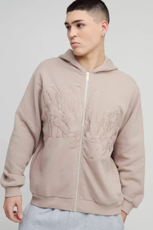 Oversized Homme Twill Applique Zip Through Hoodie