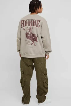 Oversized Homme Western Graphic Washed Sweatshirt
