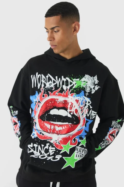 Oversized Lip Graffiti Graphic Hoodie