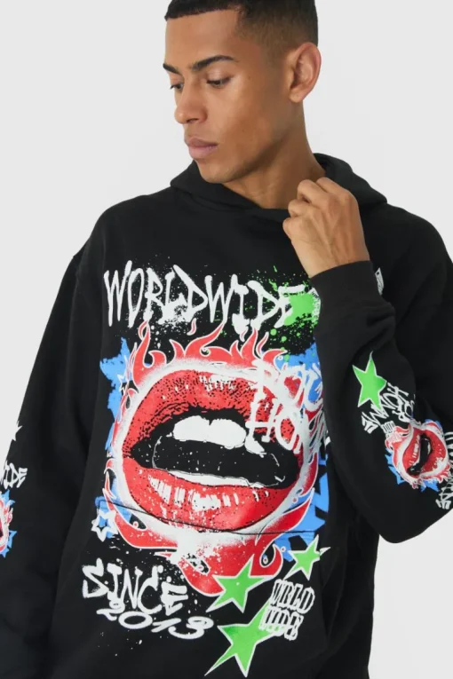 Oversized Lip Graffiti Graphic Hoodie