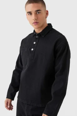 Oversized Long Sleeve 1/4 Neck Denim Shirt