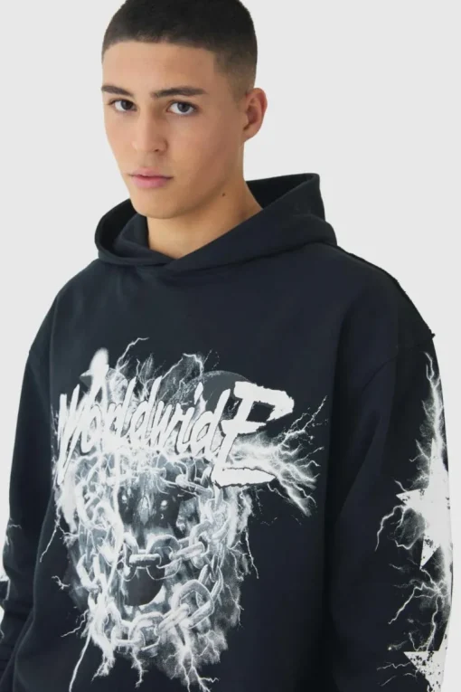 Oversized Loopback Raw Seams Worldwide Printed Hoodie