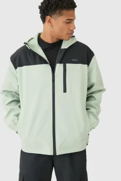 Oversized Man Tab Colour Block Hooded Windbreaker In Sage
