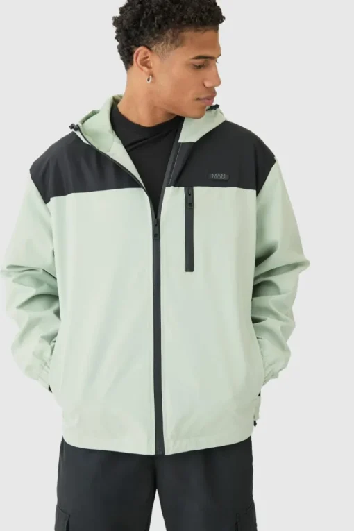 Oversized Man Tab Colour Block Hooded Windbreaker In Sage