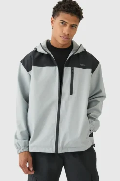 Oversized Man Tab Colour Block Hooded Windbreaker In Grey