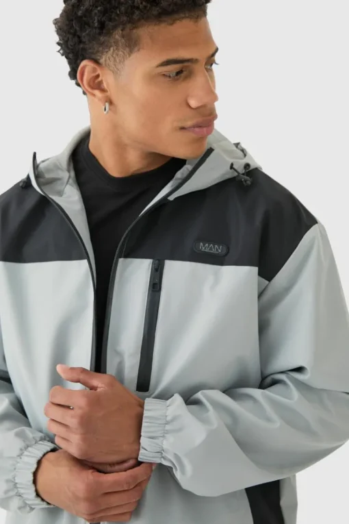 Oversized Man Tab Colour Block Hooded Windbreaker In Grey