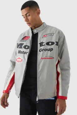 Oversized Mesh Panel PU Moto Jacket In Grey