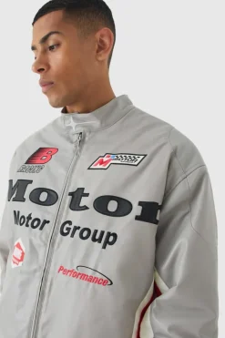 Oversized Mesh Panel PU Moto Jacket In Grey
