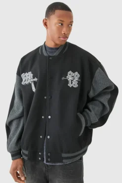 Oversized Official Colour Block Varsity Jacket In Black