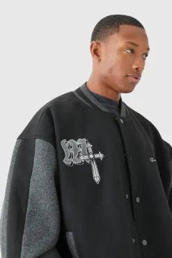 Oversized Official Colour Block Varsity Jacket In Black