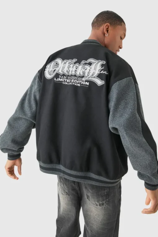 Oversized Official Colour Block Varsity Jacket In Black