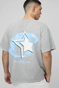 Oversized Official Globe Star Print Washed T-Shirt