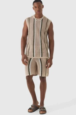 Oversized Open Stitch Stripe Knitted Tank Set