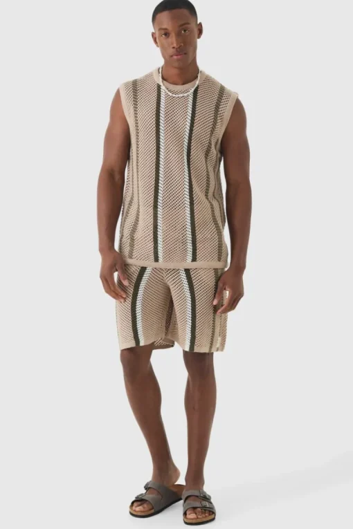 Oversized Open Stitch Stripe Knitted Tank Set