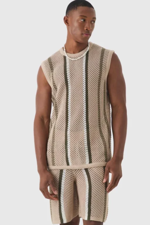 Oversized Open Stitch Stripe Knitted Tank Set