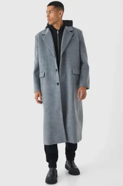 Oversized Overcoat With Faux Hooded Jersey Layer In Grey
