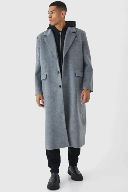 Oversized Overcoat With Faux Hooded Jersey Layer In Grey