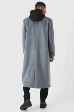 Oversized Overcoat With Faux Hooded Jersey Layer In Grey