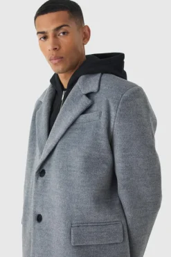 Oversized Overcoat With Faux Hooded Jersey Layer In Grey