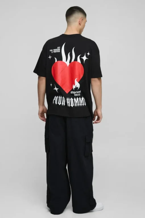 Oversized Pour Homme Flame Heart Graphic T-Shirt
