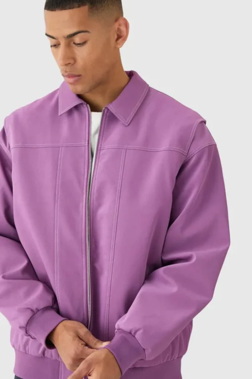 Oversized PU Panel Detail Bomber Jacket In Pink