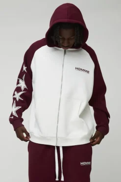 Oversized Raglan Homme Star Gusset Zip Through Hooded Tracksuit