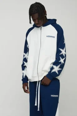 Oversized Raglan Homme Star Gusset Zip Through Hooded Tracksuit