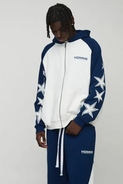 Oversized Raglan Homme Star Gusset Zip Through Hooded Tracksuit