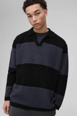 Oversized Ribbed Colour Block Knitted Polo