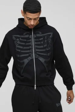Oversized Skeleton Puff Print Zip Through Hoodie