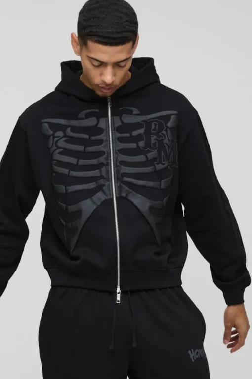 Oversized Skeleton Puff Print Zip Through Hoodie