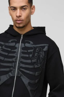 Oversized Skeleton Puff Print Zip Through Hoodie