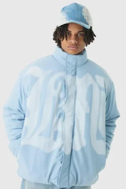 Oversized Spray M Print Funnel Neck Puffer Jacket In Blue