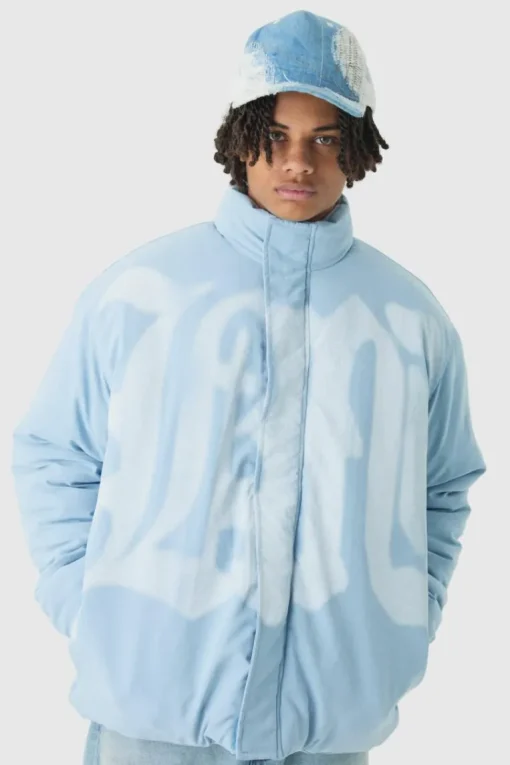 Oversized Spray M Print Funnel Neck Puffer Jacket In Blue