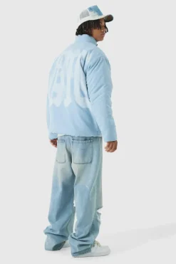 Oversized Spray M Print Funnel Neck Puffer Jacket In Blue