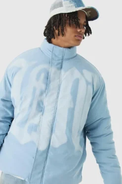 Oversized Spray M Print Funnel Neck Puffer Jacket In Blue