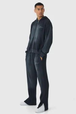 Oversized Spray Wash Heavy Waffle Embroidered Zip Through Hooded Tracksuit