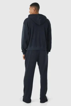 Oversized Spray Wash Heavy Waffle Embroidered Zip Through Hooded Tracksuit