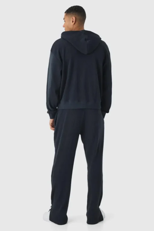 Oversized Spray Wash Heavy Waffle Embroidered Zip Through Hooded Tracksuit