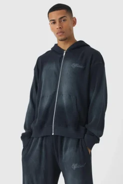 Oversized Spray Wash Heavy Waffle Embroidered Zip Through Hooded Tracksuit
