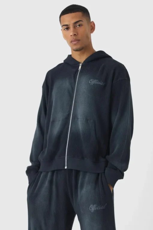 Oversized Spray Wash Heavy Waffle Embroidered Zip Through Hooded Tracksuit
