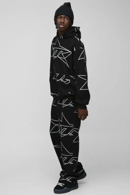 Oversized Star All Over Printed Gusset Flare Hooded Tracksuit