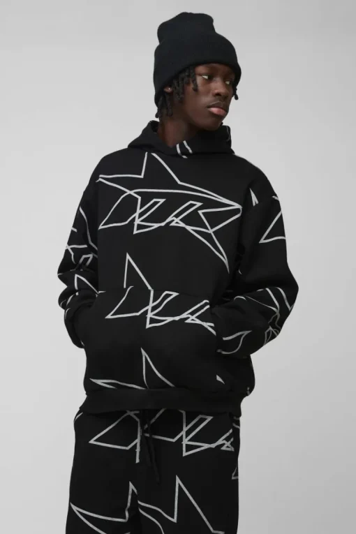 Oversized Star All Over Printed Gusset Flare Hooded Tracksuit