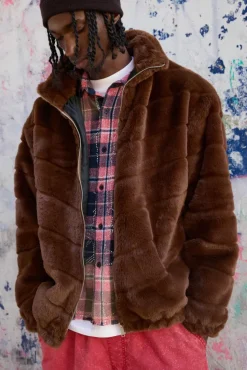 Oversized Striped Faux Fur Funnel Neck Jacket In Brown