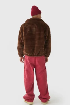 Oversized Striped Faux Fur Funnel Neck Jacket In Brown